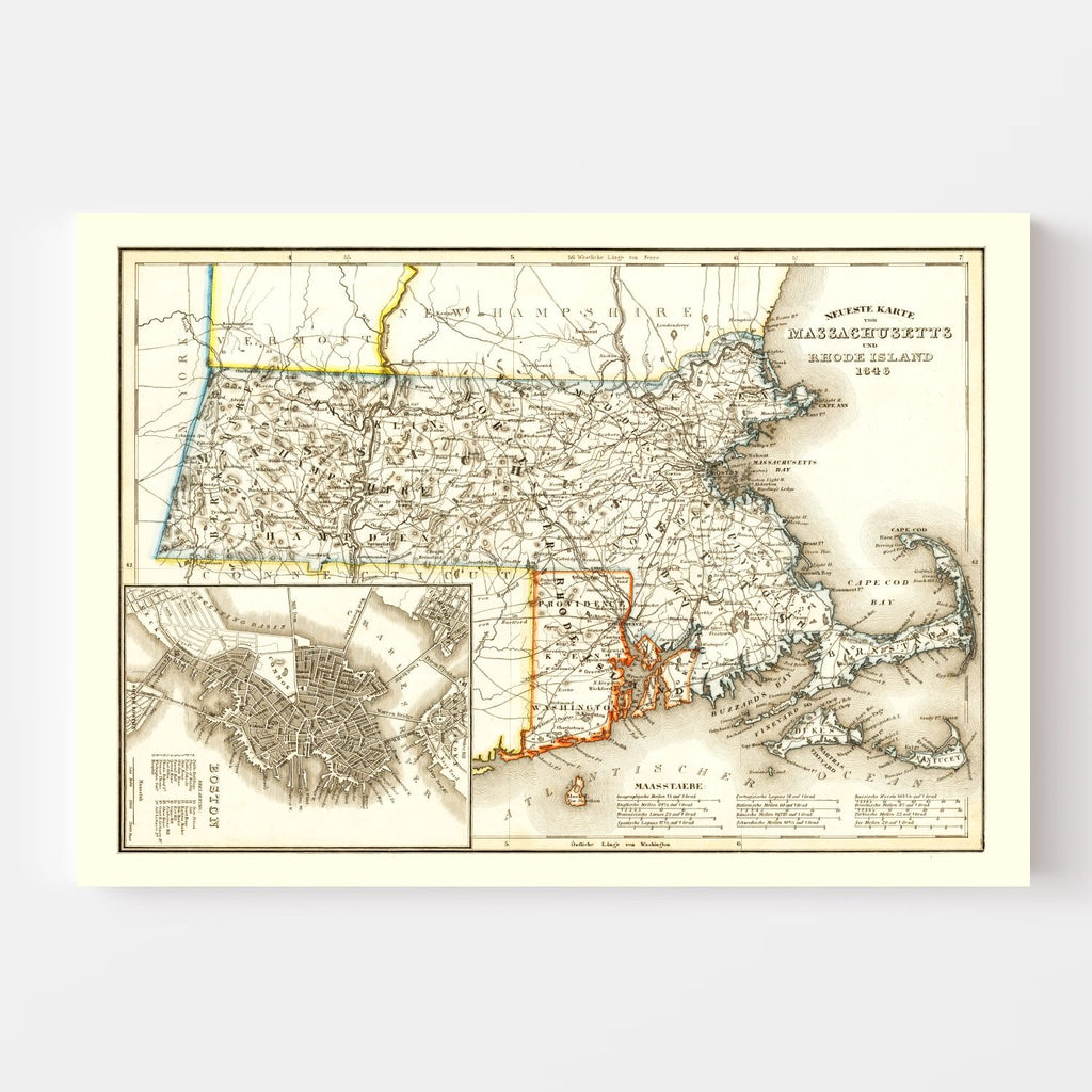 Vintage Map of Massachusetts 1846