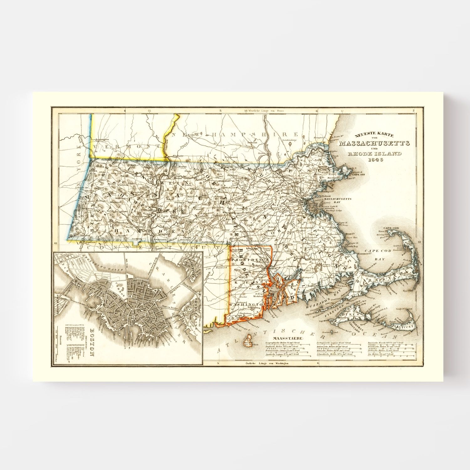 Vintage Map of Massachusetts 1846