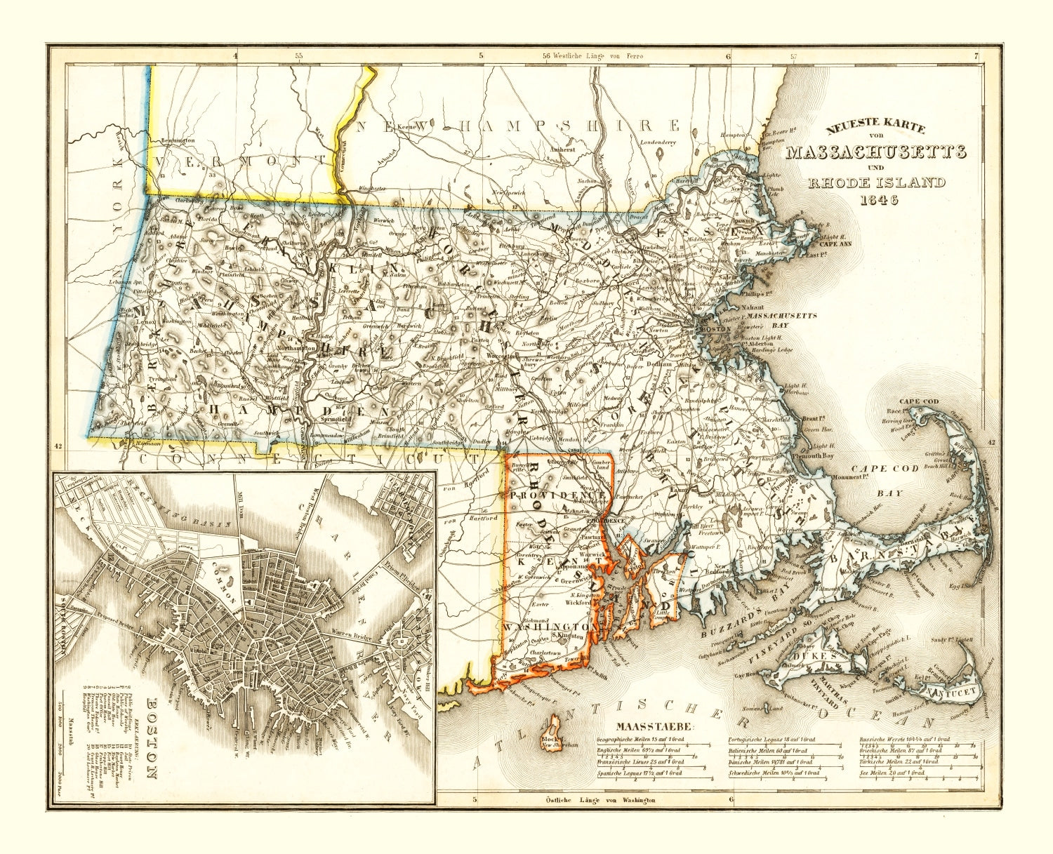 Vintage Map of Massachusetts 1846