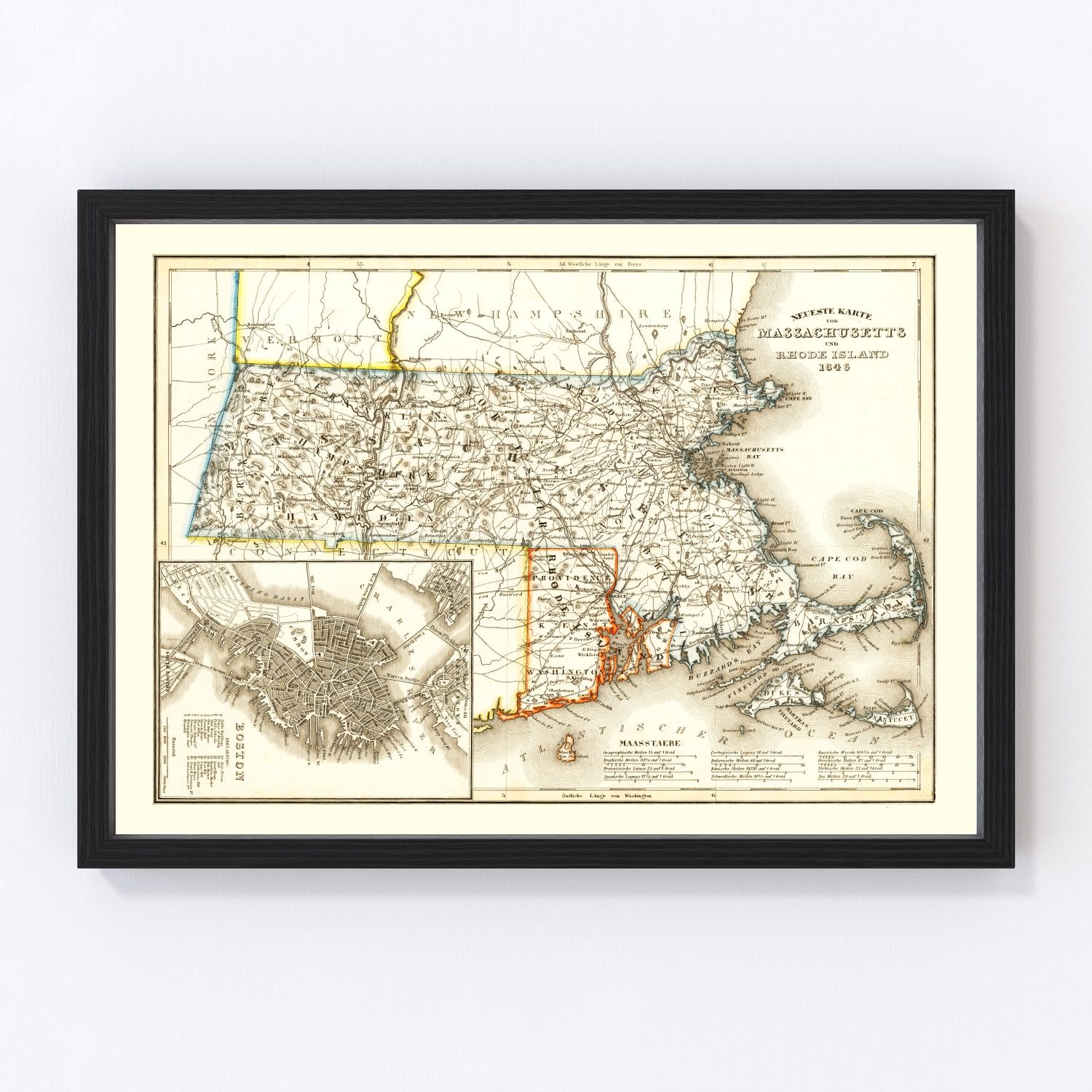 Vintage Map of Massachusetts 1846