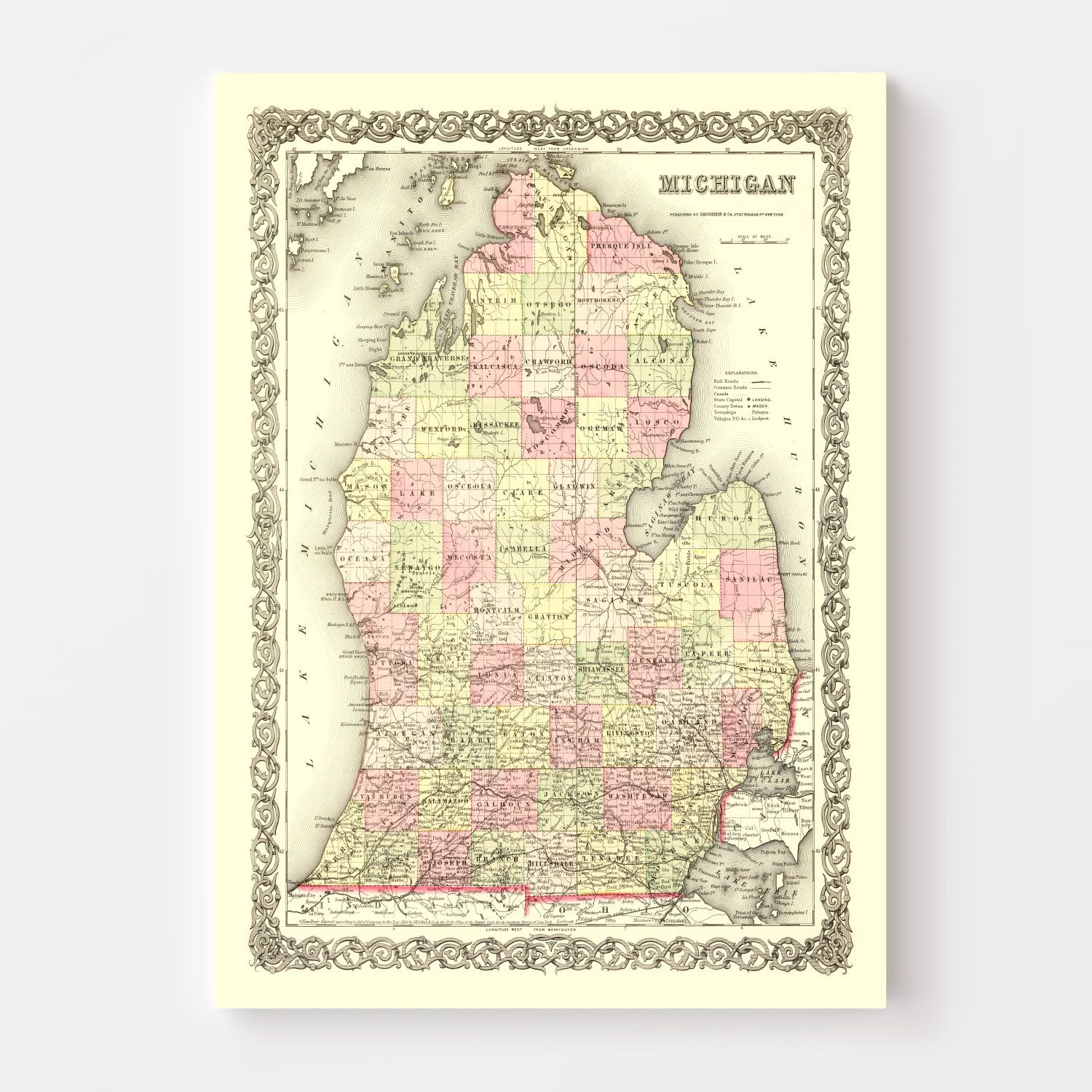 Vintage Map of Michigan 1855