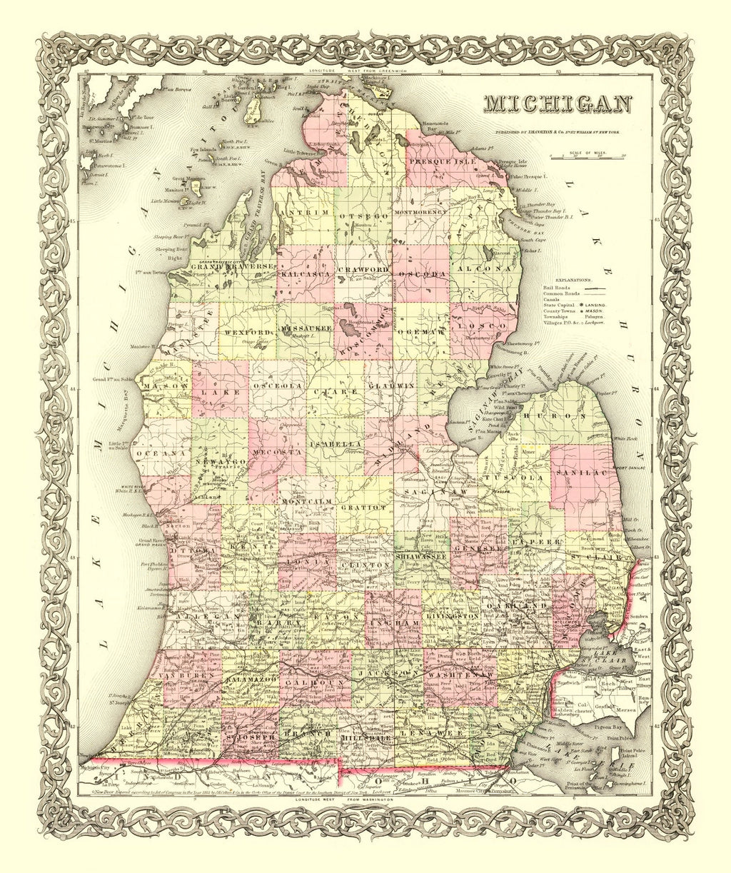 Vintage Map of Michigan 1855