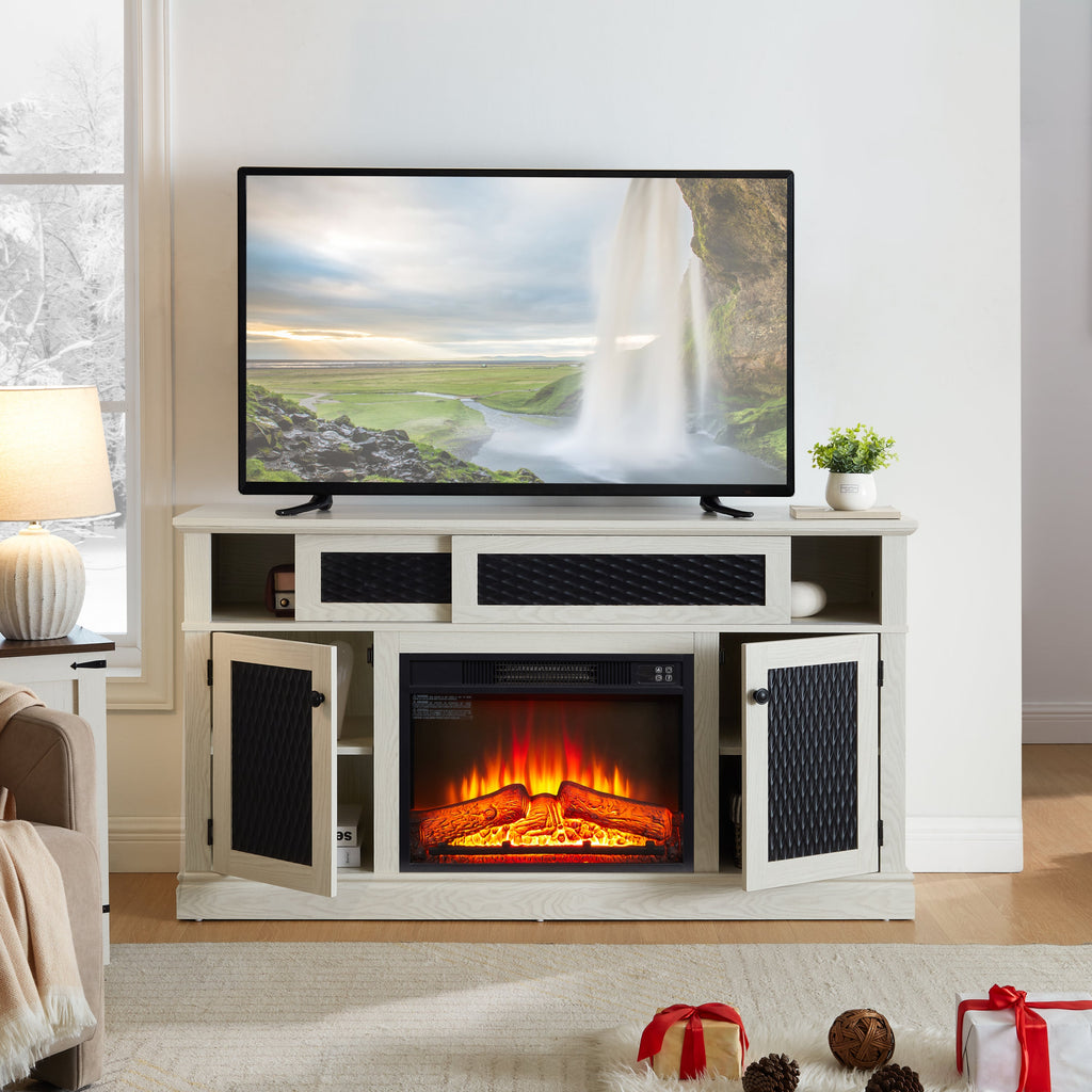 Embossed Pattern TV Stand with 23' fireplace insert,, TV and Media Console with Open and Closed Storage Space and sliding door for Living Room & Bedroom,White, 58.27'W*15.35'W*31.7H