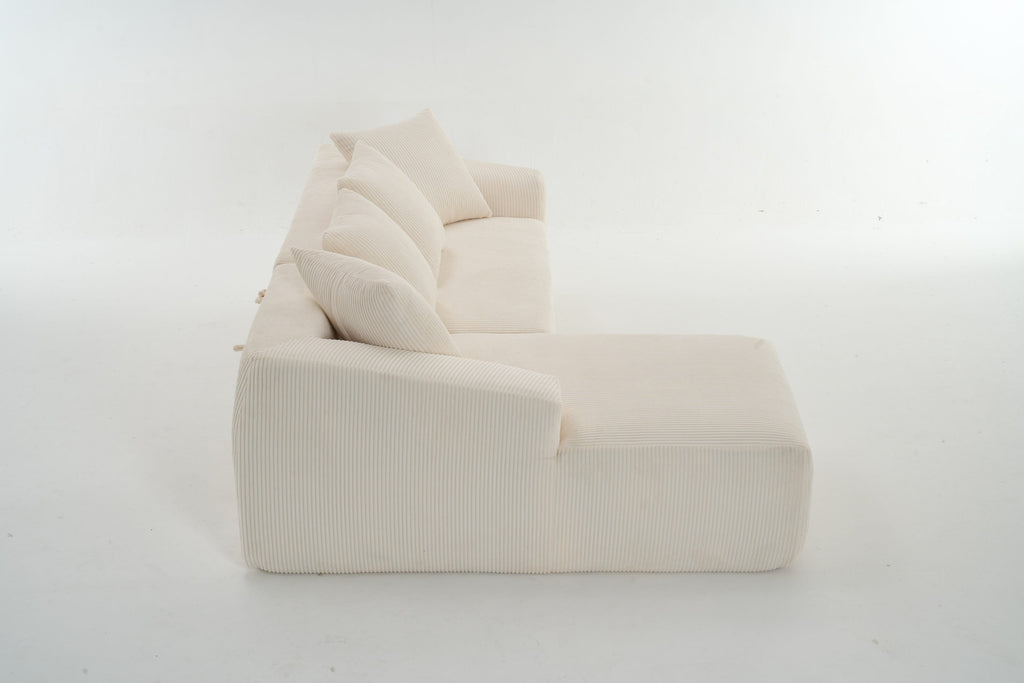 LY-023 WHITE COMPRESSION SOFA: Combining chaise longue with 3-seater, Corduroy Fabric, full sponge compression sofa,combined sofa with 4 pillows for living/ Home Furniture/ Apartment