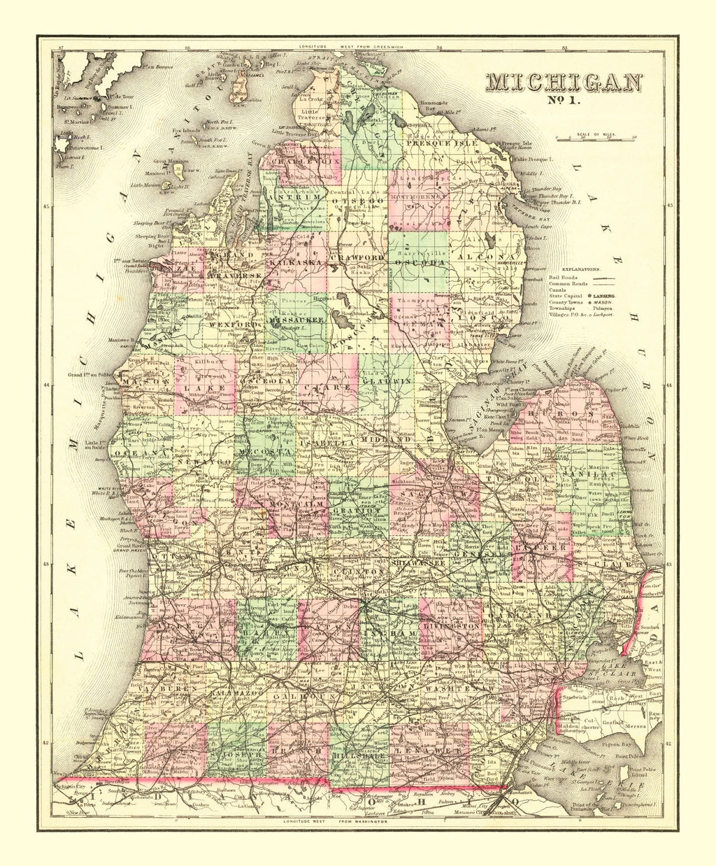 Vintage Map of Michigan 1875