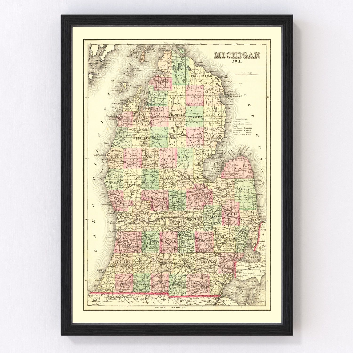 Vintage Map of Michigan 1875