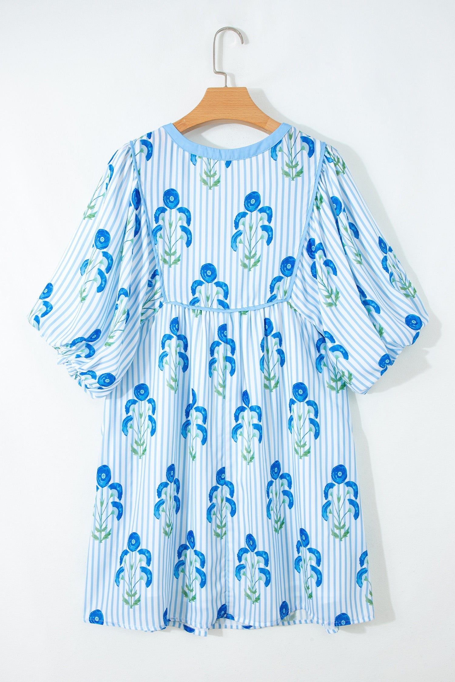 Floral Stripe Tie Notch Puff Sleeve Dress