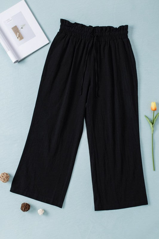 Solid Paperbag Waist Straight Leg Cropped Pants