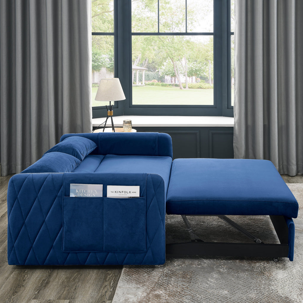 55' Modern Convertible Sofa Bed with 2 Detachable Arm Pockets, Velvet Loveseat Sofa with Pull Out Bed, 2 Pillows and Living Room Adjustable Backrest, Grid Design Armrests