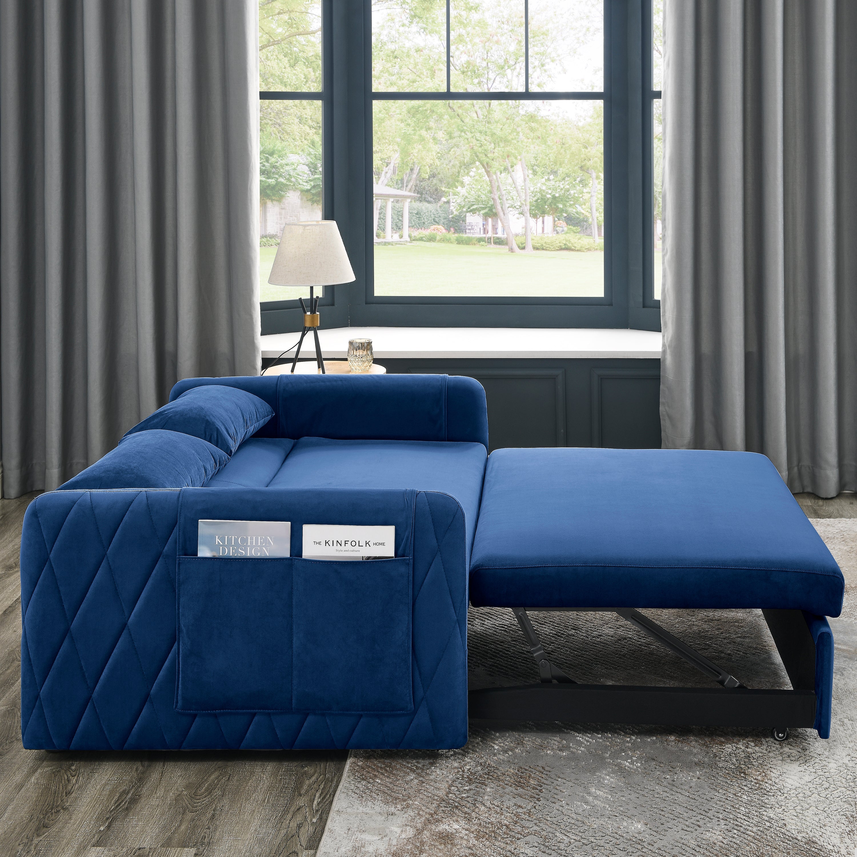 55' Modern Convertible Sofa Bed with 2 Detachable Arm Pockets, Velvet Loveseat Sofa with Pull Out Bed, 2 Pillows and Living Room Adjustable Backrest, Grid Design Armrests