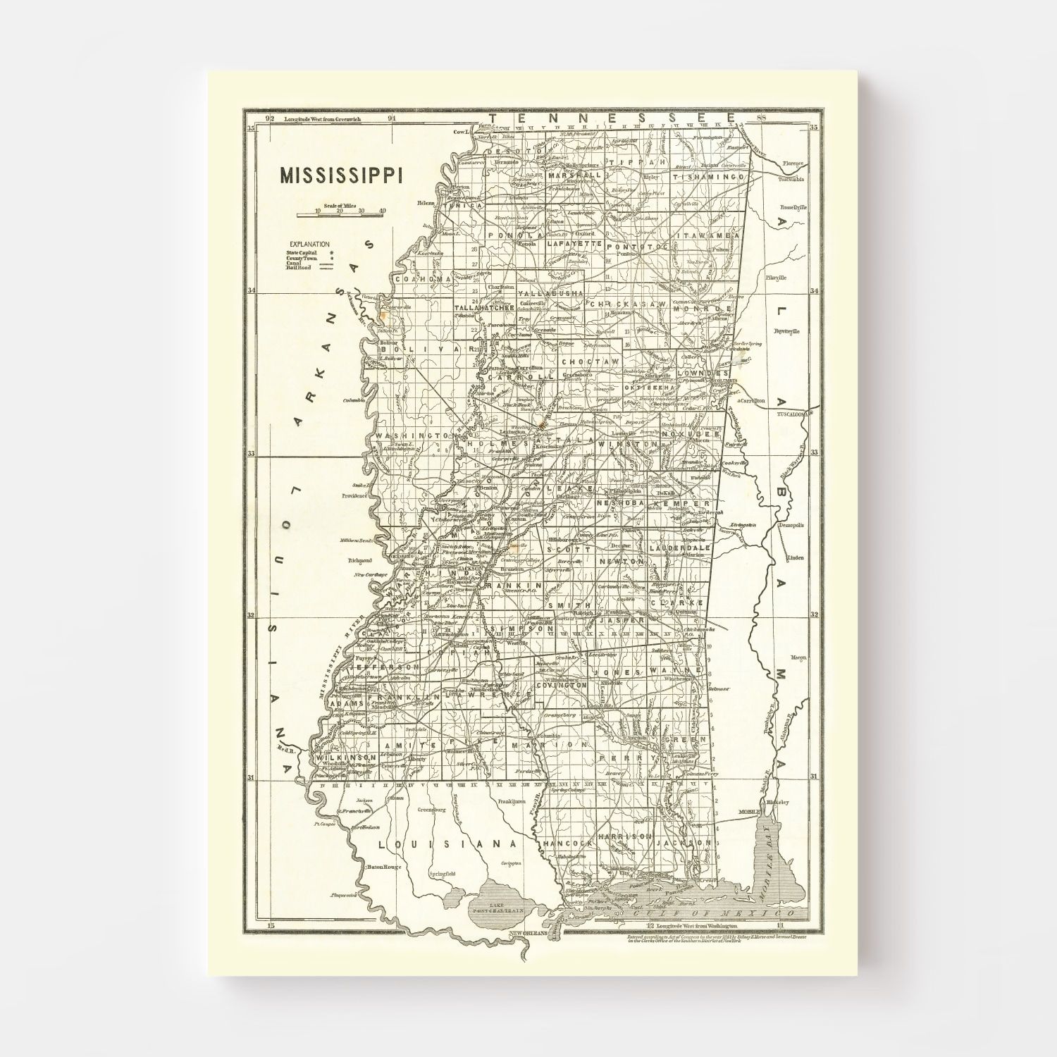 Vintage Map of Mississippi 1842