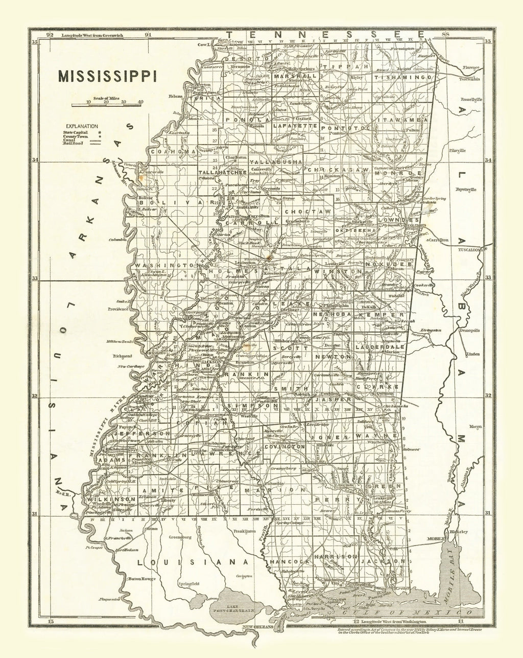 Vintage Map of Mississippi 1842