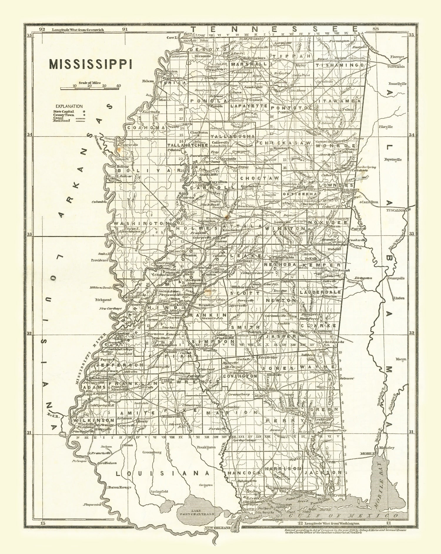 Vintage Map of Mississippi 1842