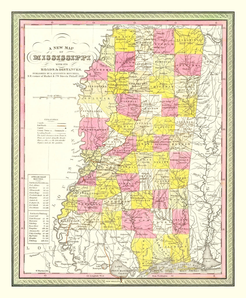 Vintage Map of Mississippi 1846