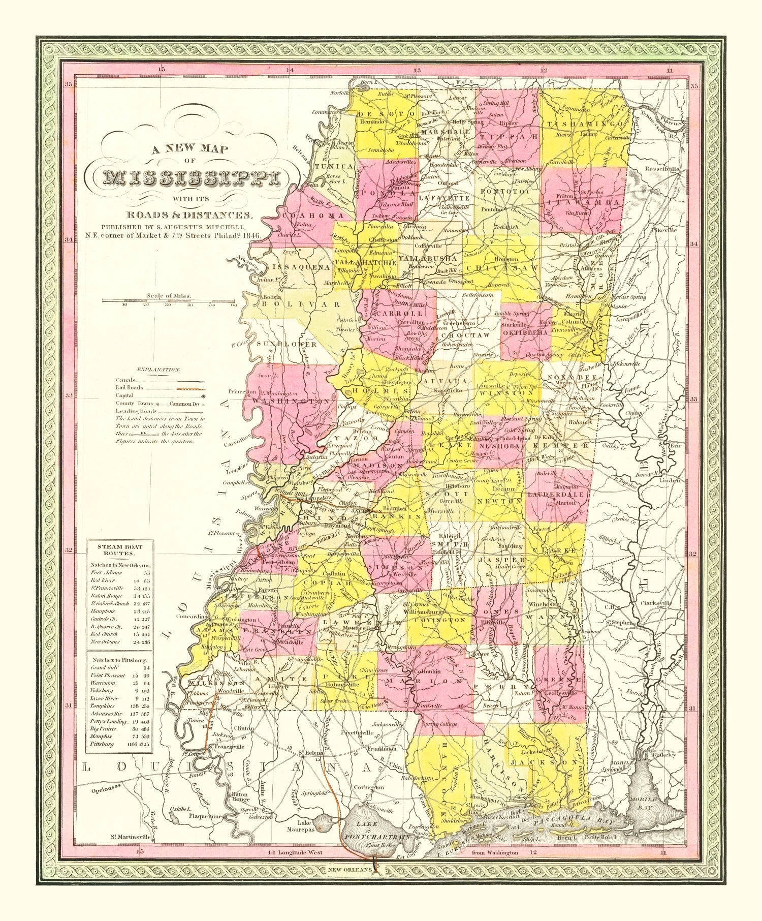 Vintage Map of Mississippi 1846