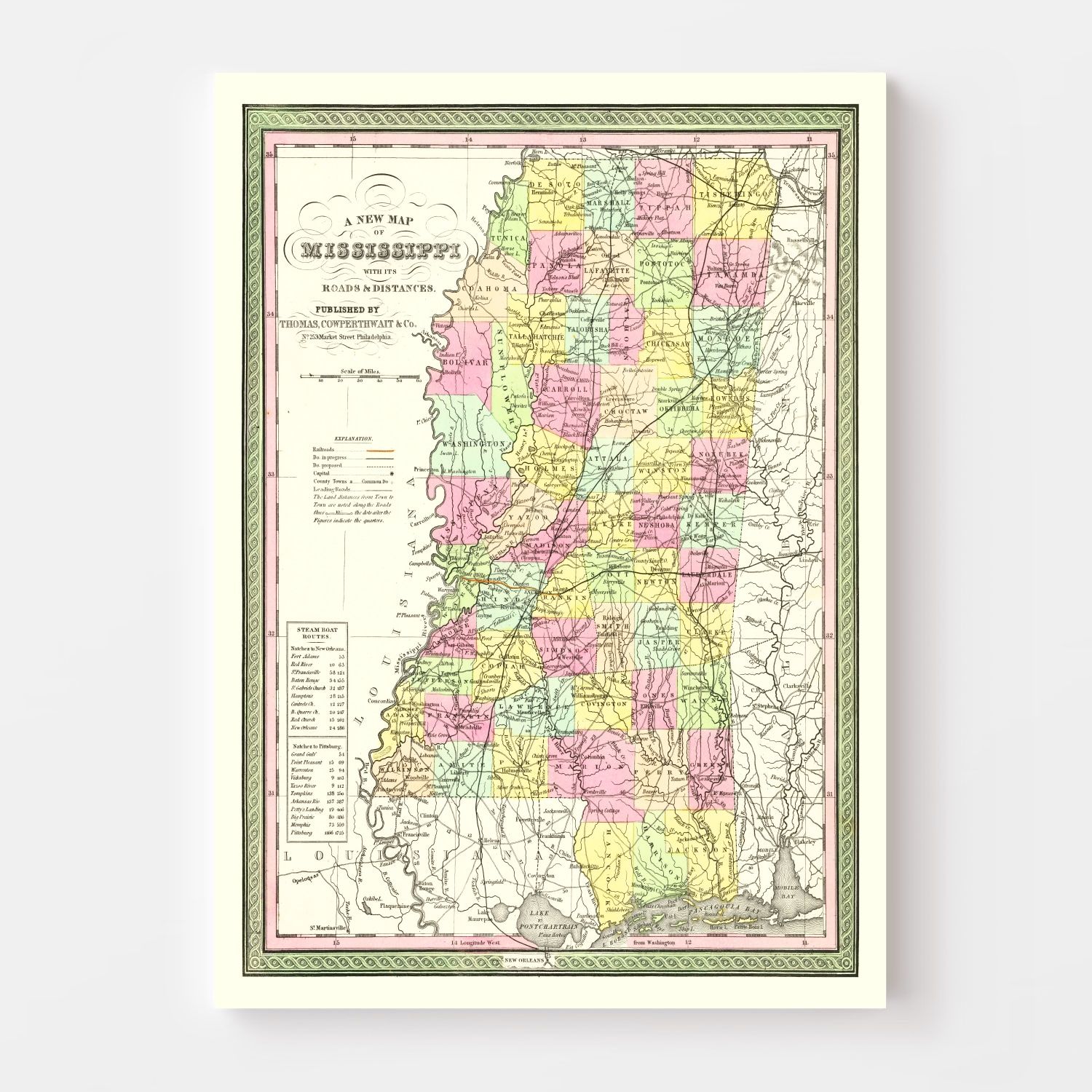 Vintage Map of Mississippi 1854