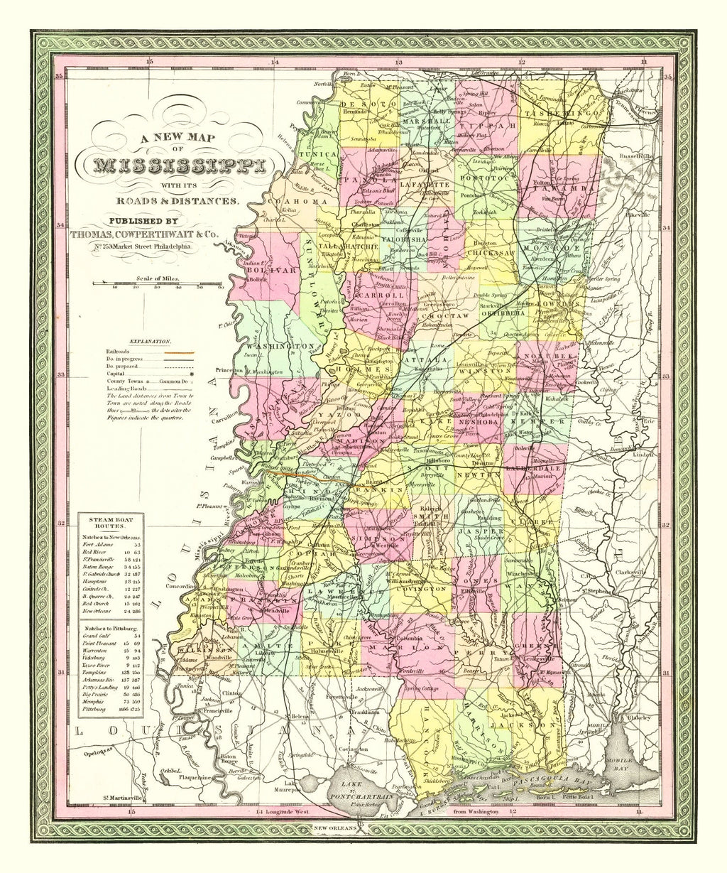 Vintage Map of Mississippi 1854