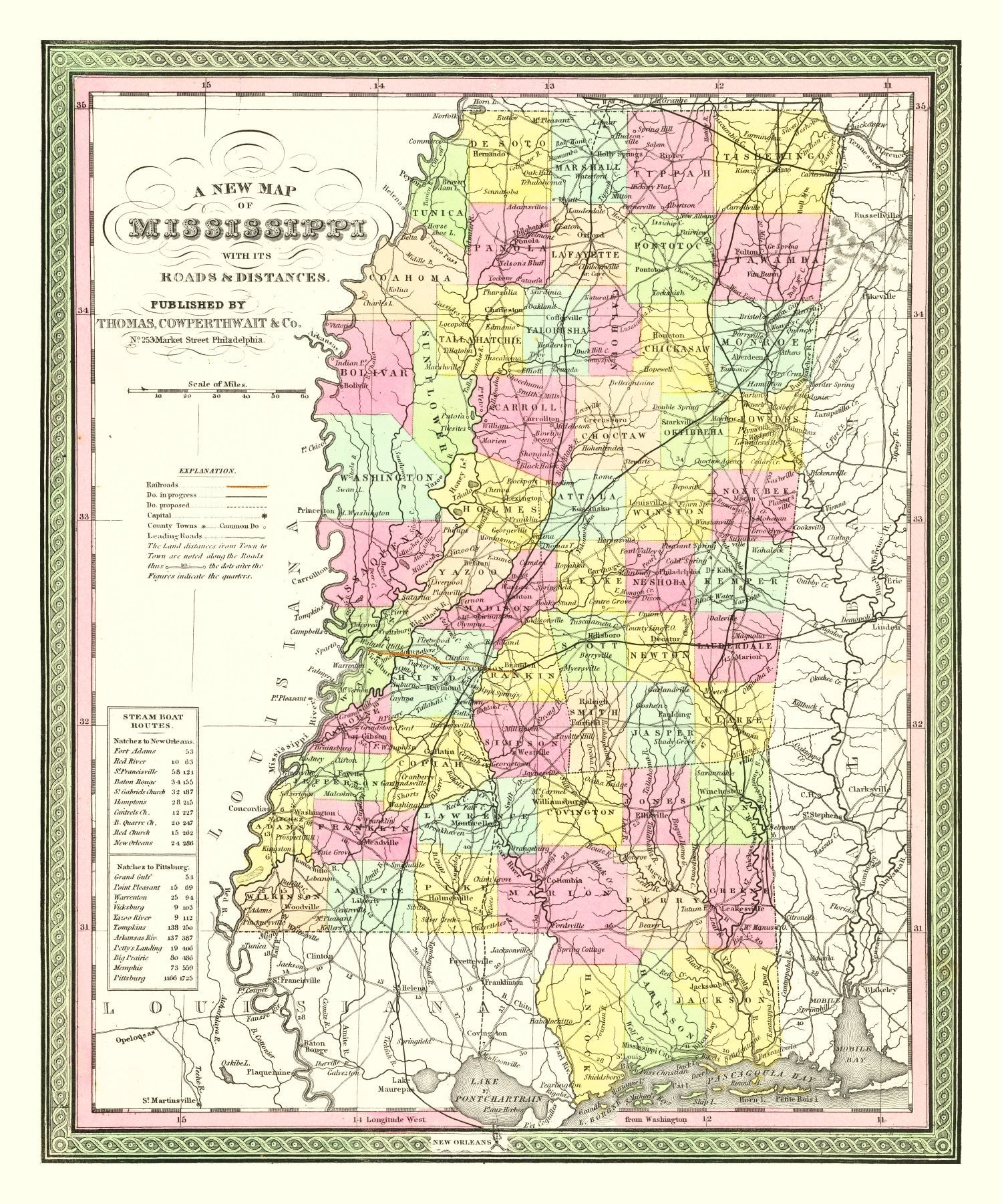 Vintage Map of Mississippi 1854
