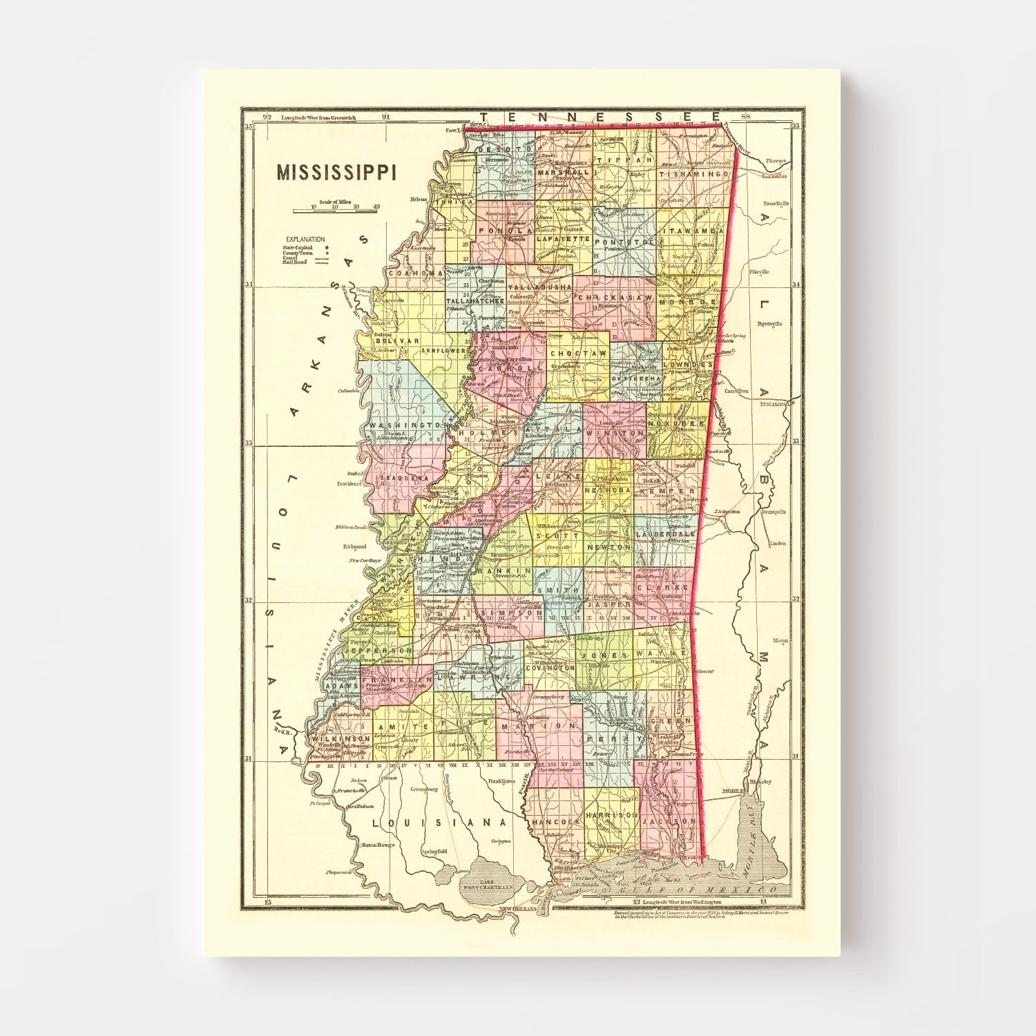 Vintage Map of Mississippi 1856