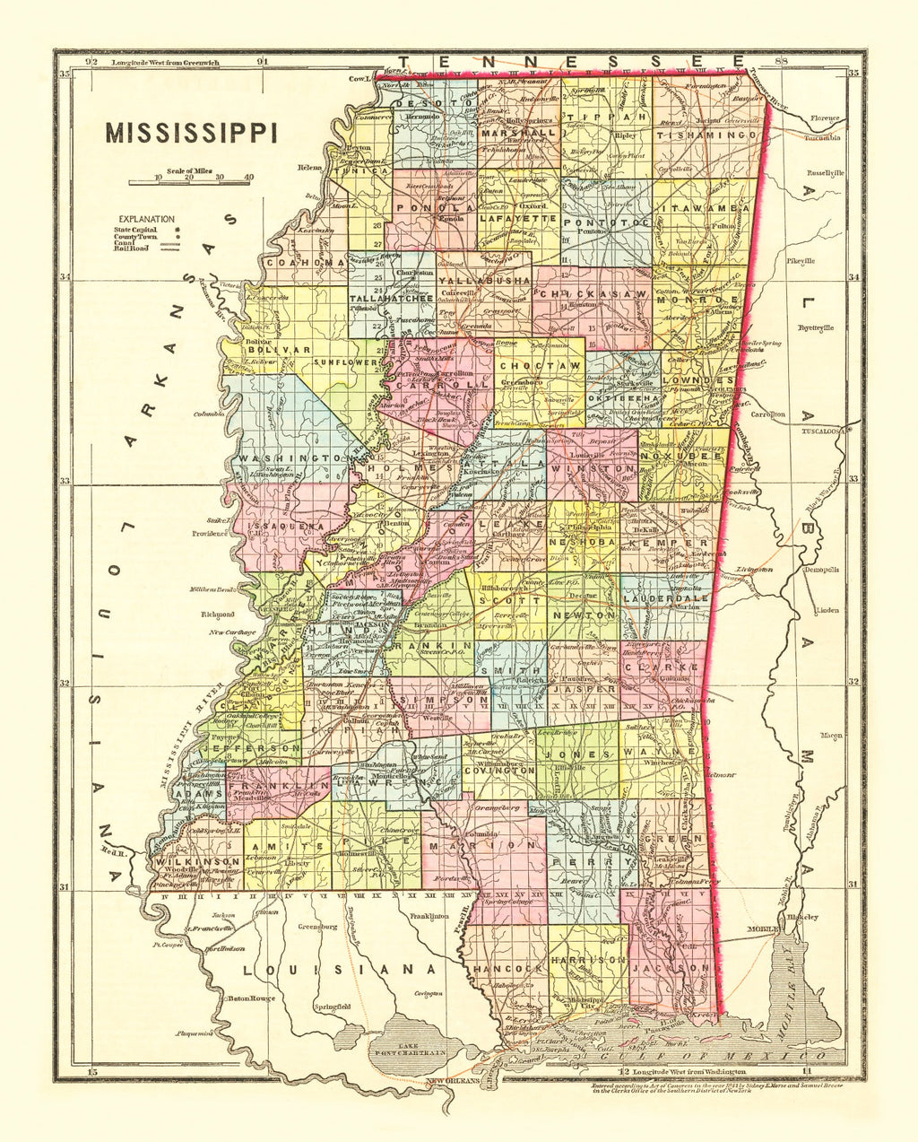 Vintage Map of Mississippi 1856