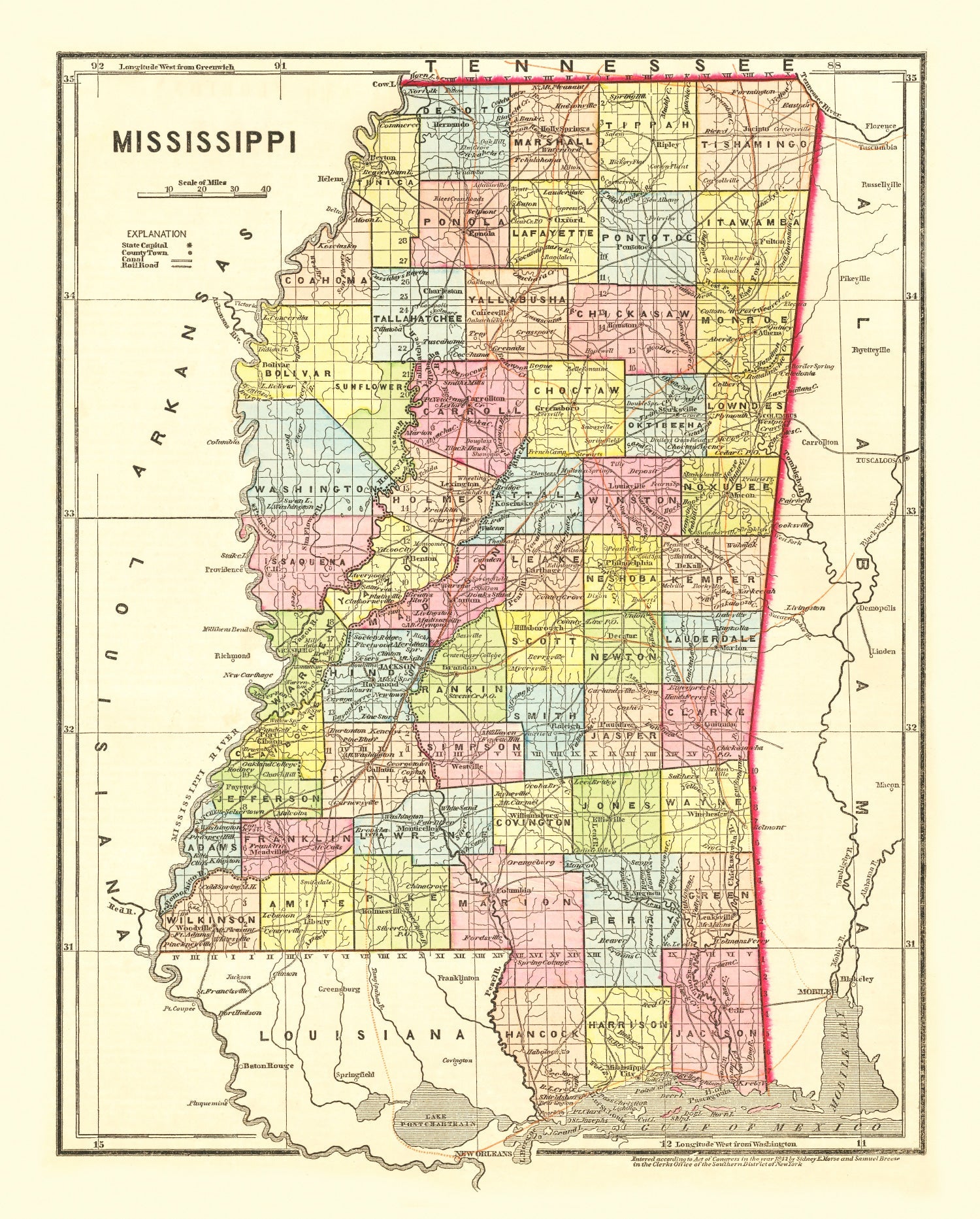 Vintage Map of Mississippi 1856