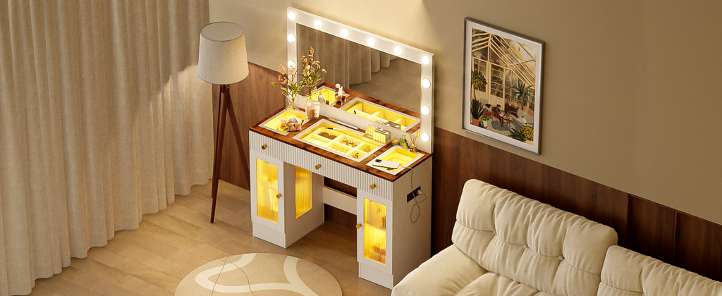 43.3' Vanity Desk with Large Mirror and Hollywood Bulbs, Modern Glass Top Makeup Vanity with Drawers and Power Outlet, Large Dressing Table with 3 Color Lighting Modes & RGB Cabinets for Bedroom