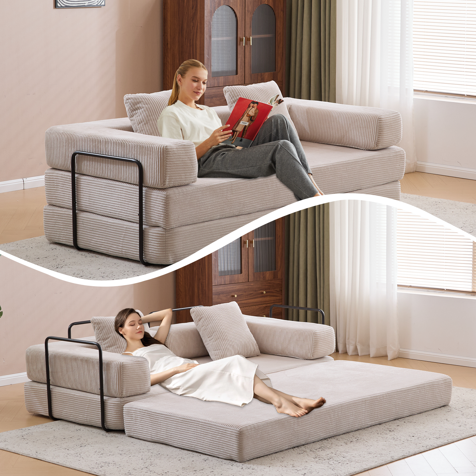 Floor Couch,Compression Sofa,Convertible Floor Sofa Bed-with Pillow Back Support Armrest,Comfy Futon Couch Lounge Sleeper Bed,Corduroy Fabric,for Living Room Bedroom (light grey)