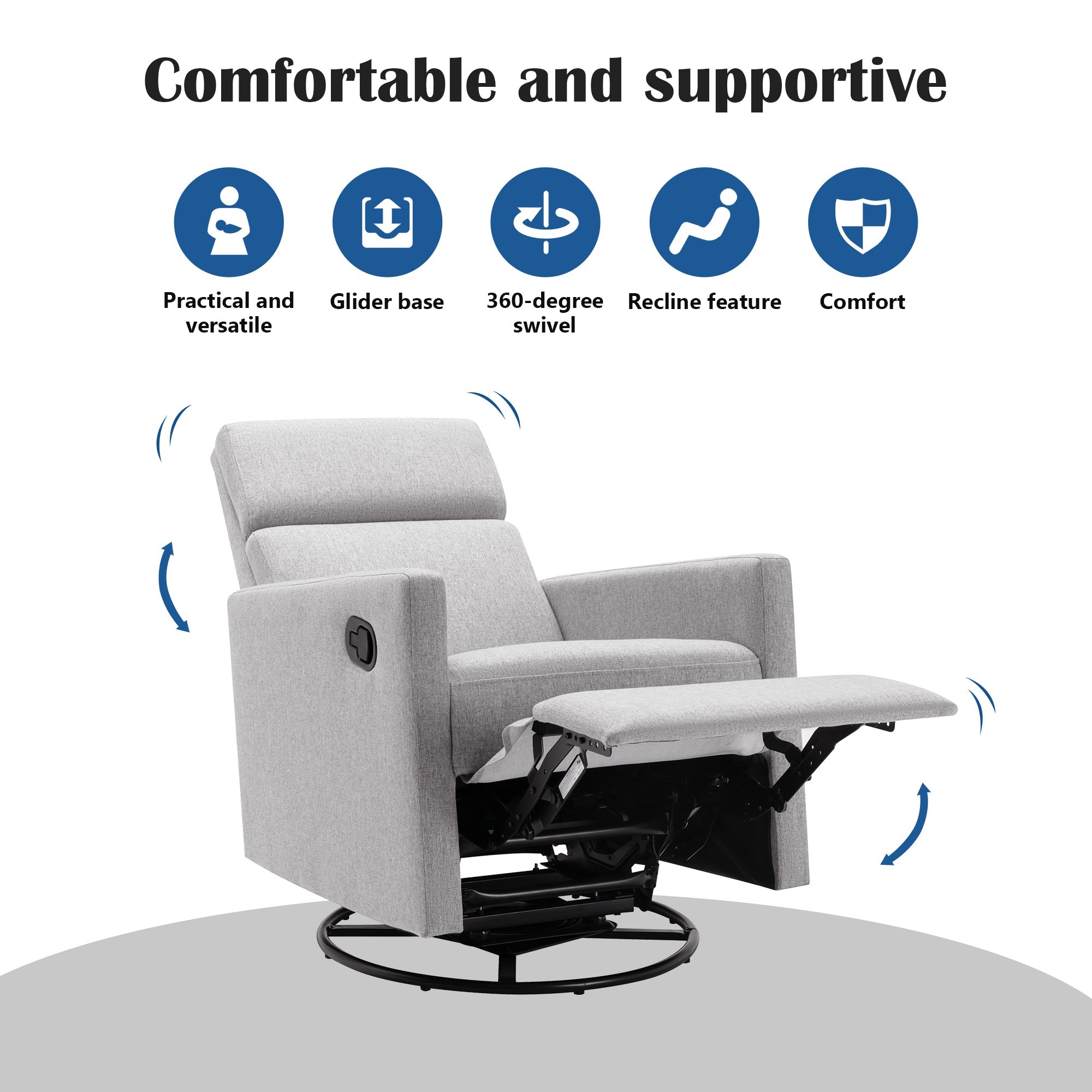 Modern Upholstered Rocker Nursery Chair Plush Seating Glider Swivel Recliner Chair, Gray Linen