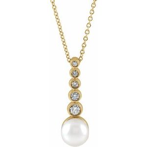 14K Yellow Gold Cultured White Akoya Pearl & 1/8 CTW Natural Diamond Bar 16-18" Necklace