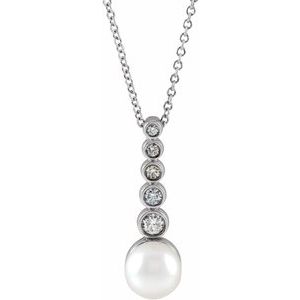 14K White Gold Cultured White Akoya Pearl & 1/8 CTW Natural Diamond Bar 16-18" Necklace