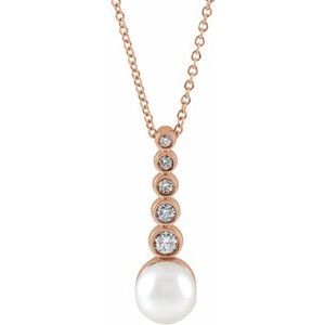 14K Rose Gold Cultured White Akoya Pearl & 1/8 CTW Natural Diamond Bar 16-18" Necklace
