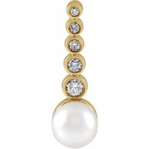 14K Yellow Gold Cultured White Akoya Pearl & 1/8 CTW Natural Diamond Bar Pendant