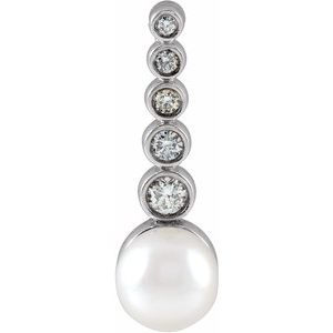 14K White Gold Cultured White Akoya Pearl & 1/8 CTW Natural Diamond Bar Pendant