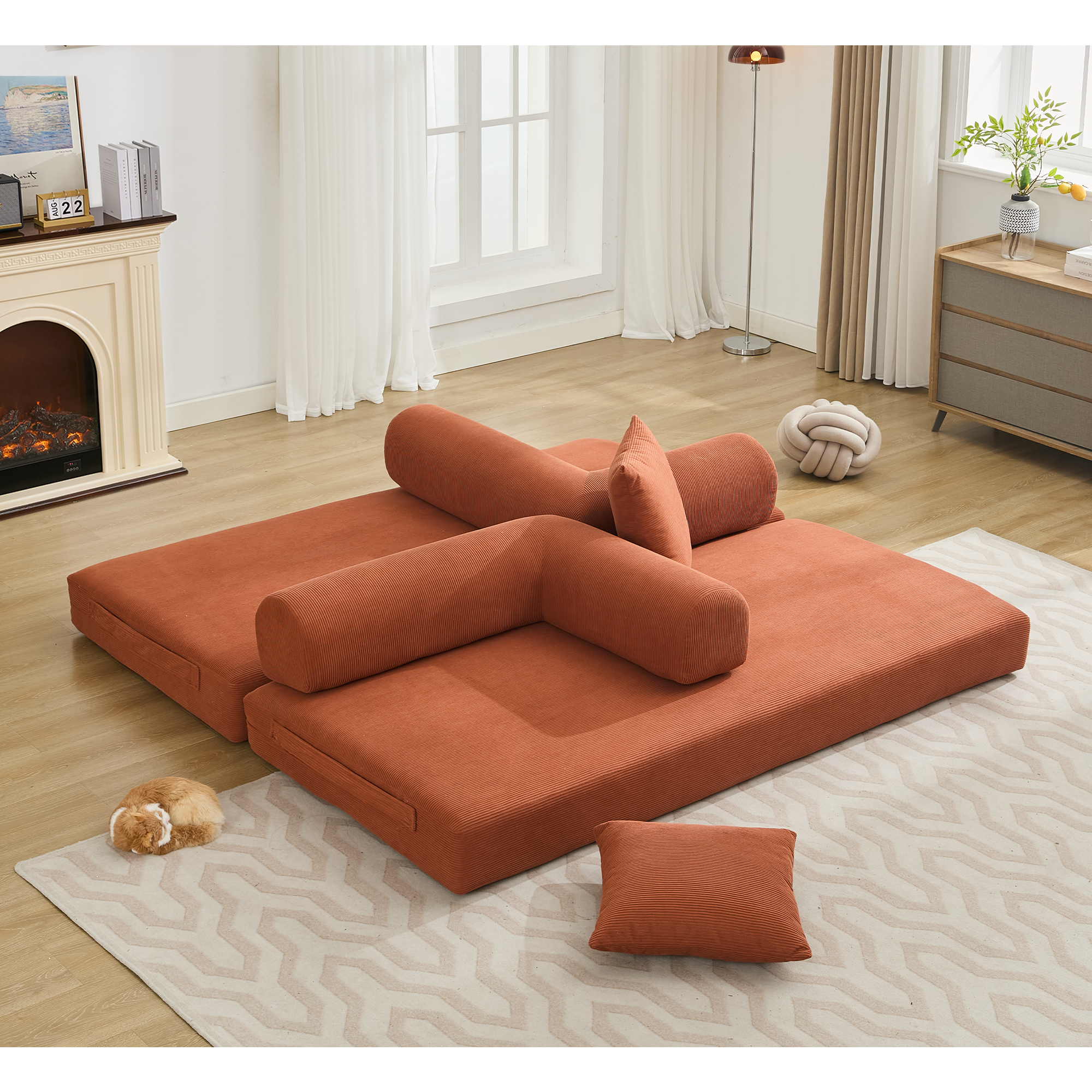 [NEW ARRIVED] [VIDEO PROVIDED] 78.5' Folding Convertible Out Sleeper Sofa Bed,4-in-1 DIY Combination Convertible Sofa, 3 seat, Folding Sleeper Sofa, King Size , Bedroom,Apartment,Corduroy,Orange