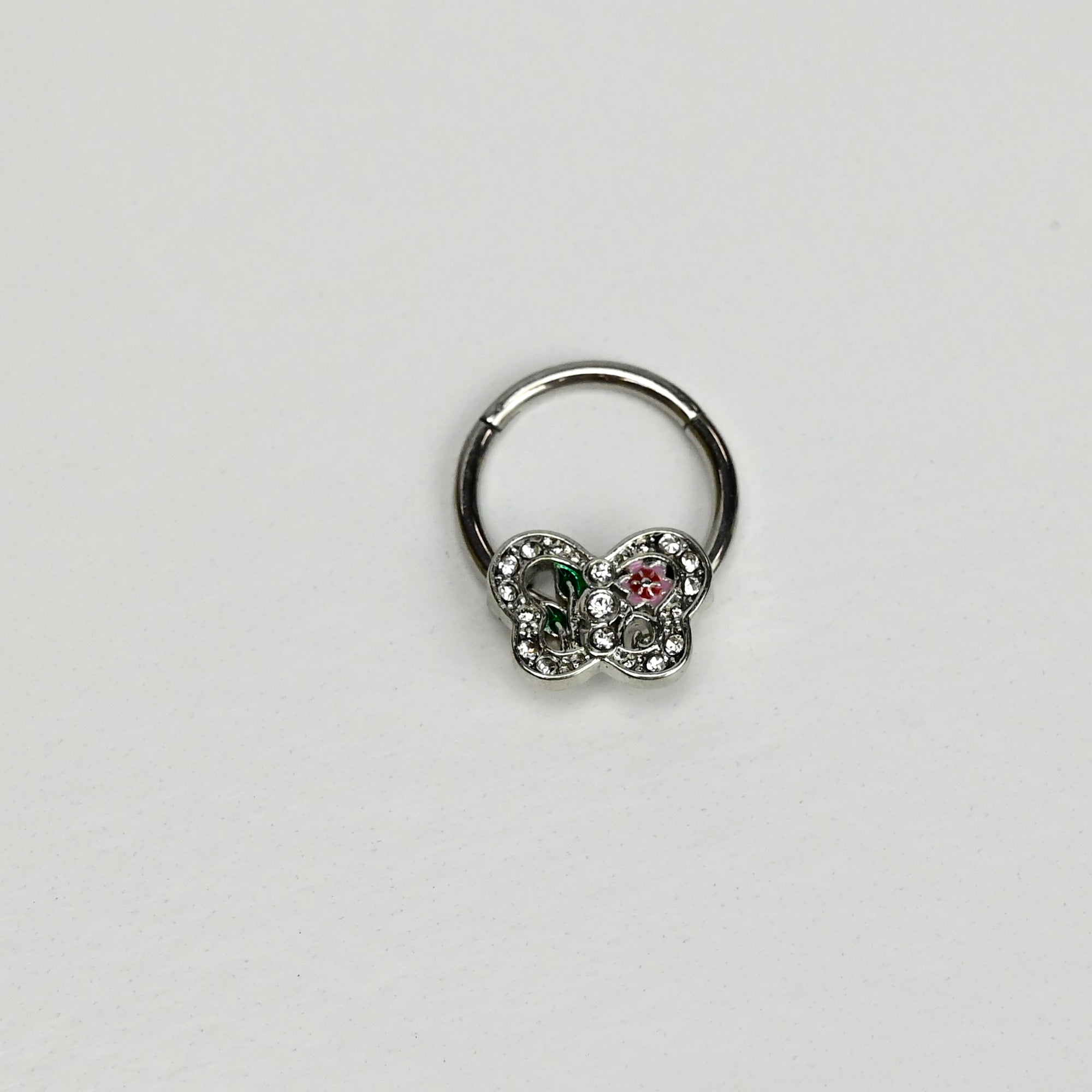 16G 3/8 Clear Pink Gem Floral Butterfly Style Hinged Segment Ring