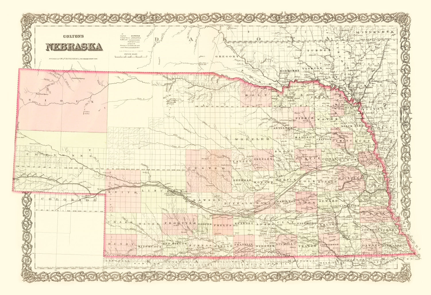 Vintage Map of Nebraska 1867
