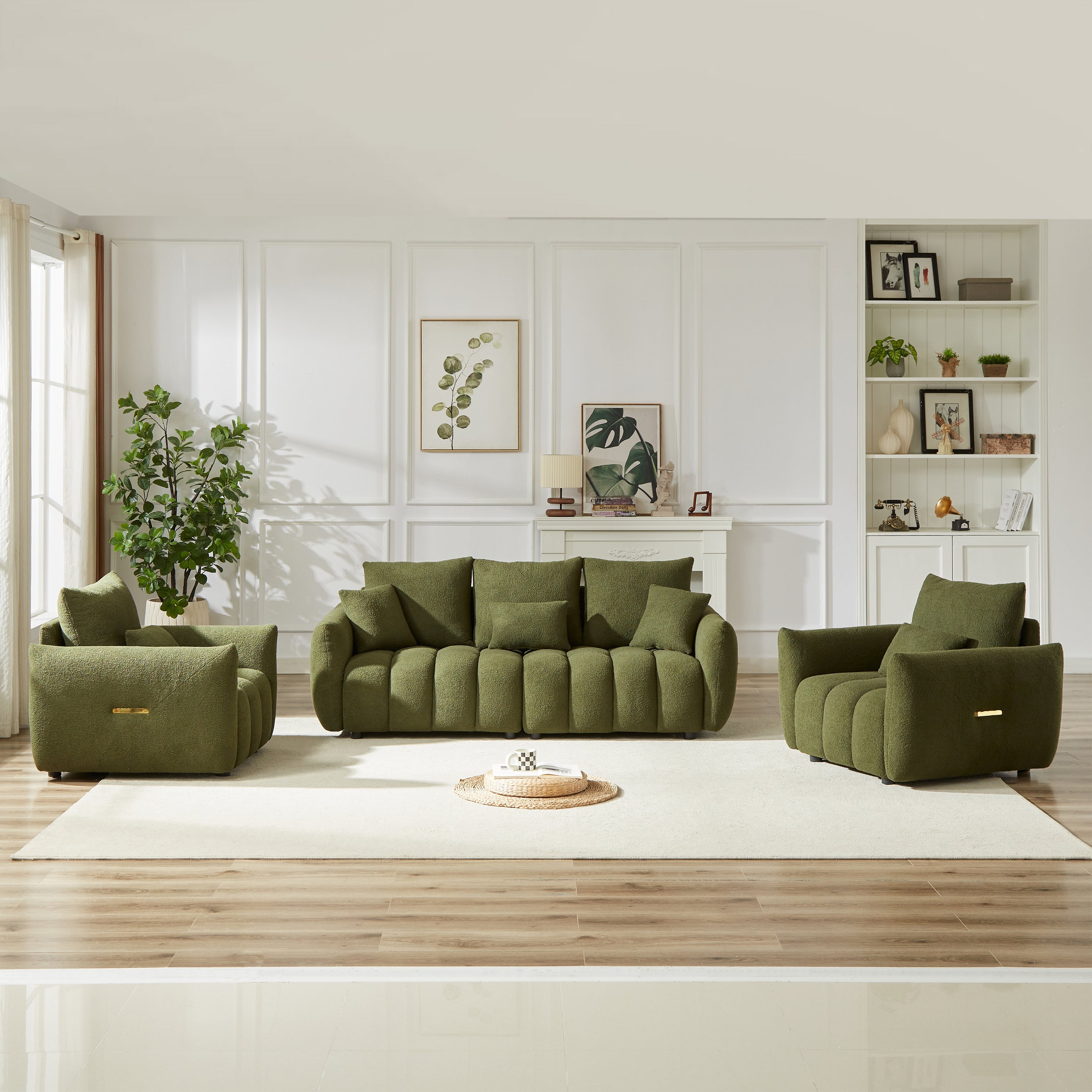 3 Seater + 1 Seater +1 Seater, Combo Sofa Modern Living Room Sofa, Teddy Sofa, Wooden Frame, 5 Cushions, Apartment Sofa Furniture