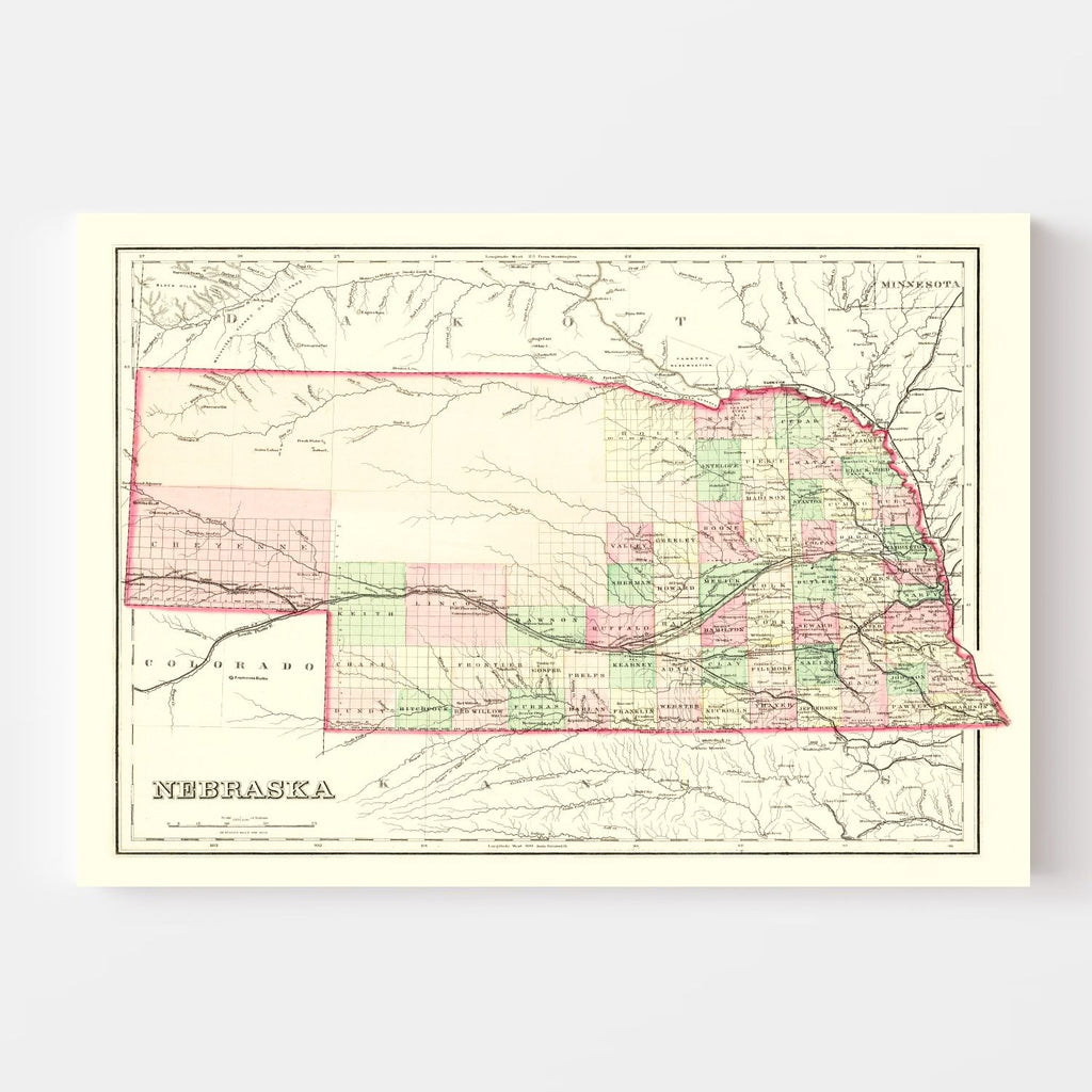 Vintage Map of Nebraska 1876