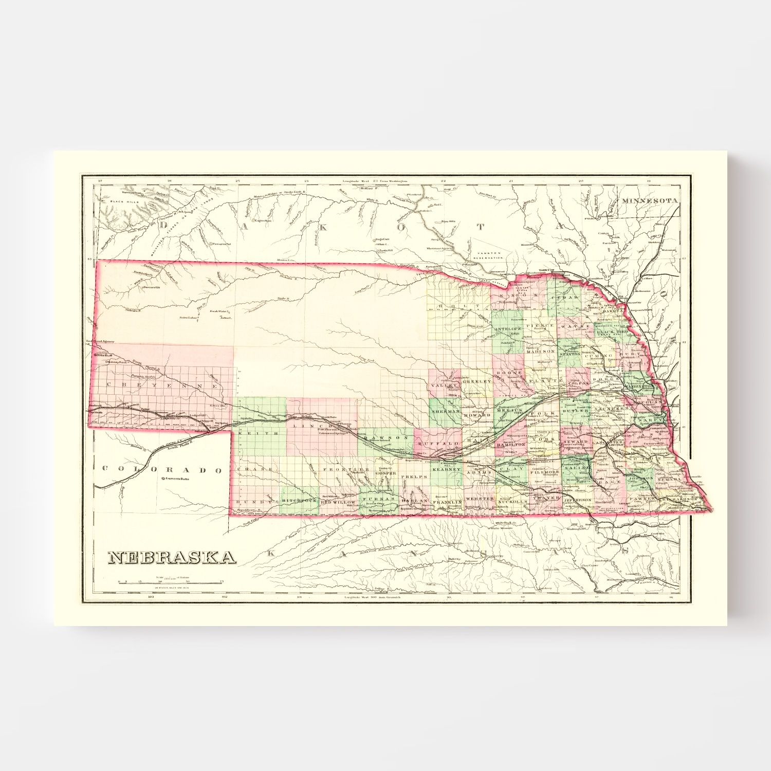 Vintage Map of Nebraska 1876