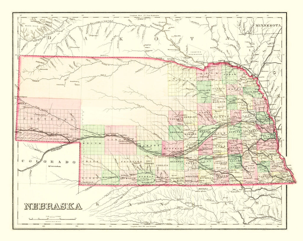 Vintage Map of Nebraska 1876