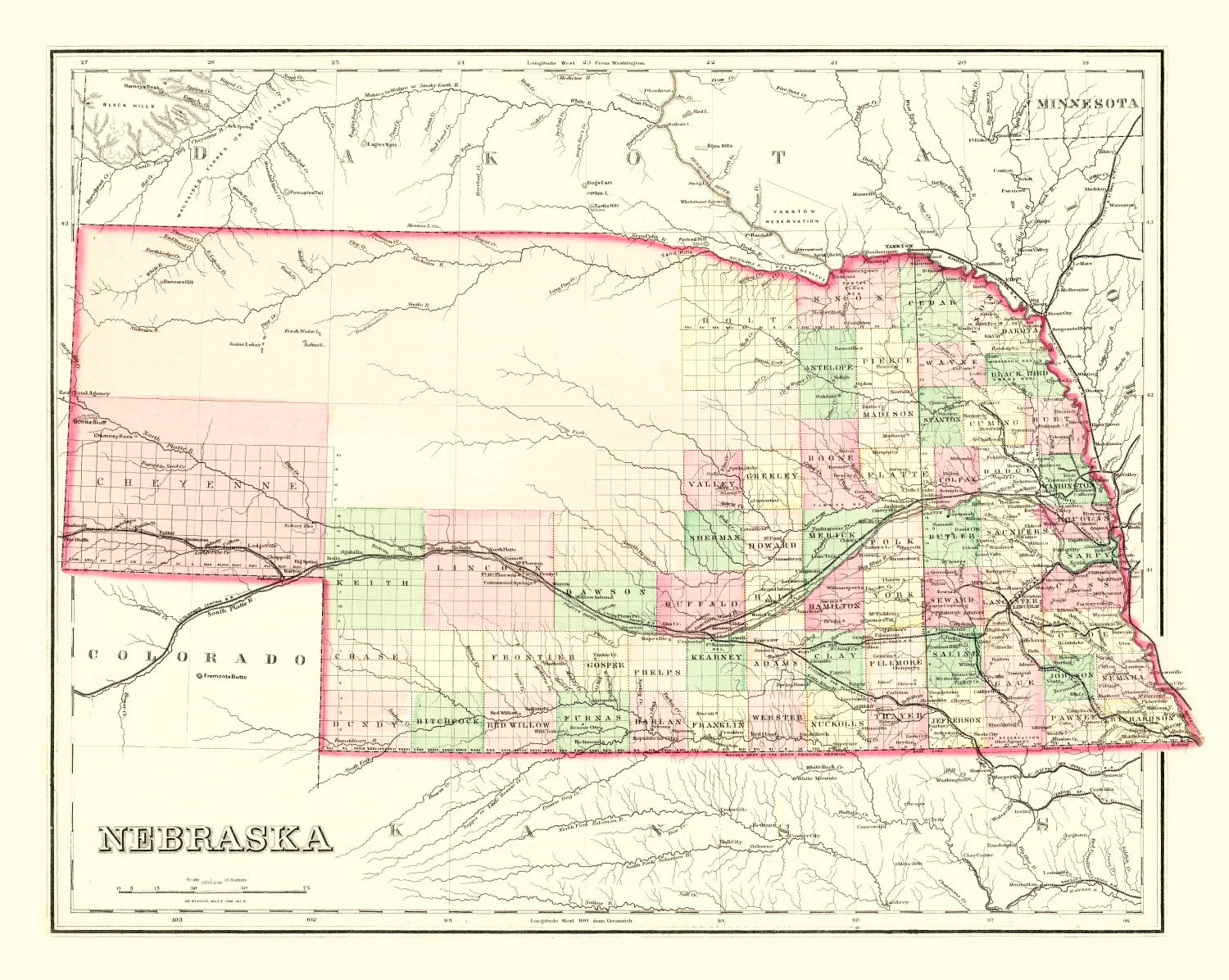 Vintage Map of Nebraska 1876