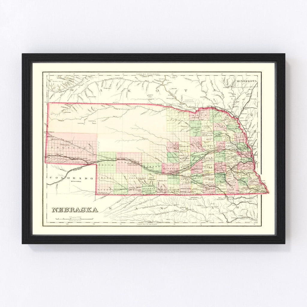 Vintage Map of Nebraska 1876