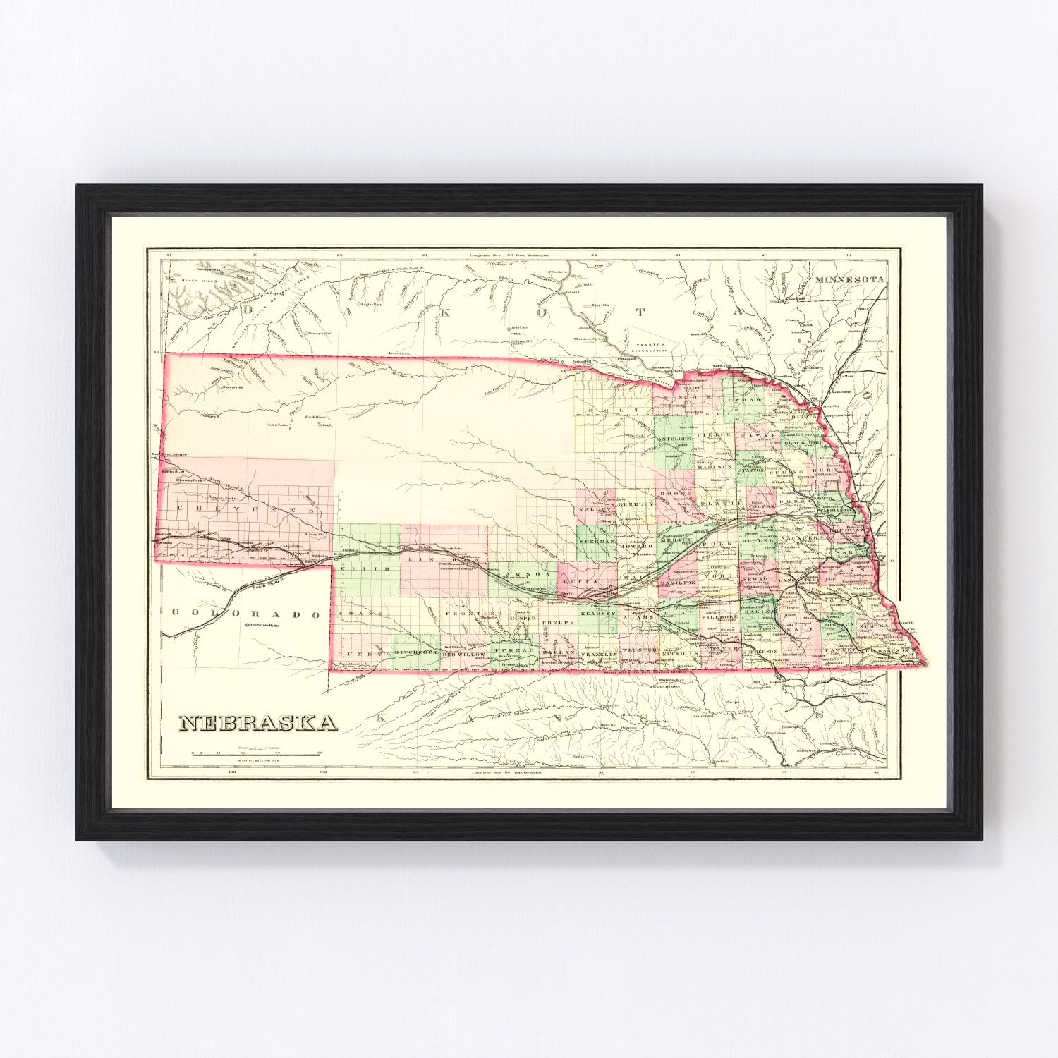 Vintage Map of Nebraska 1876