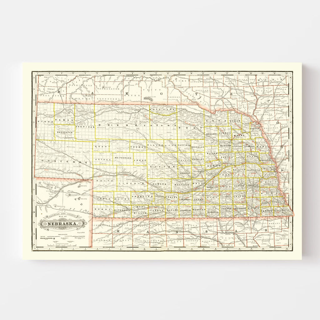 Vintage Railroad Map of Nebraska 1888