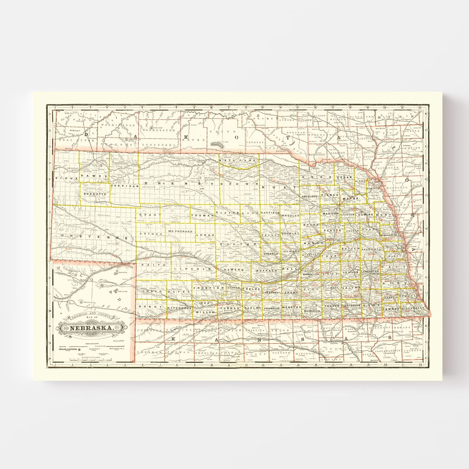 Vintage Railroad Map of Nebraska 1888
