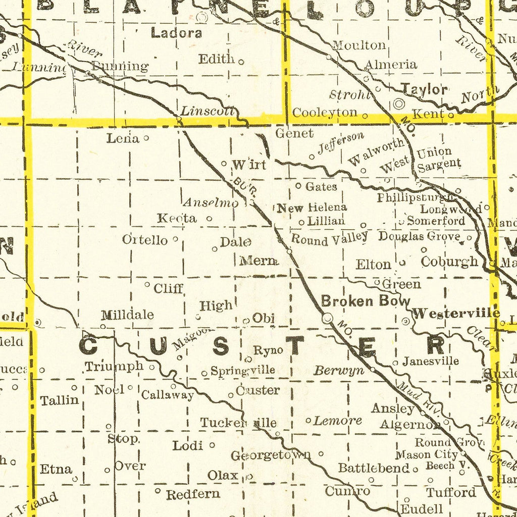 Vintage Railroad Map of Nebraska 1888