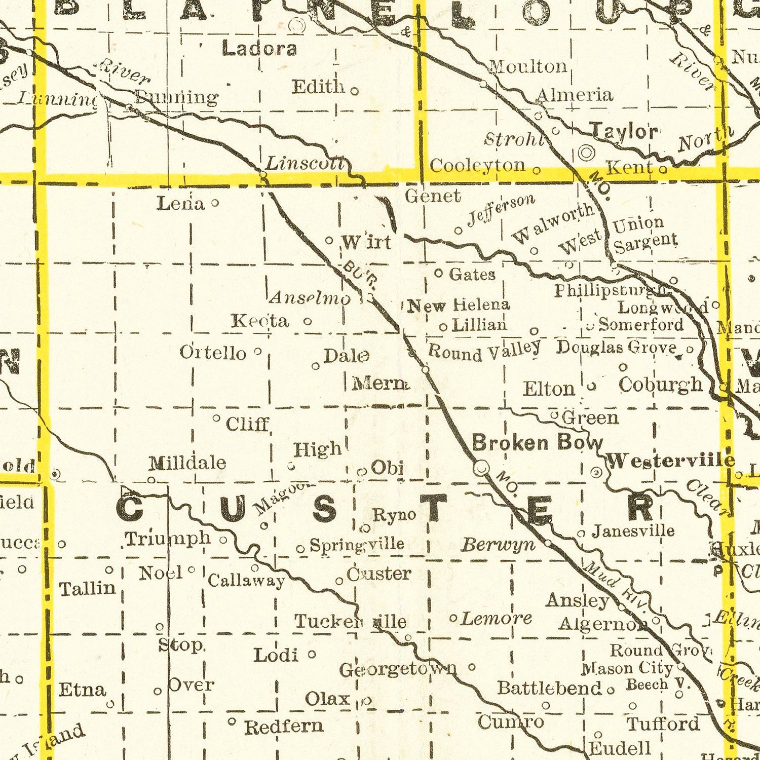 Vintage Railroad Map of Nebraska 1888
