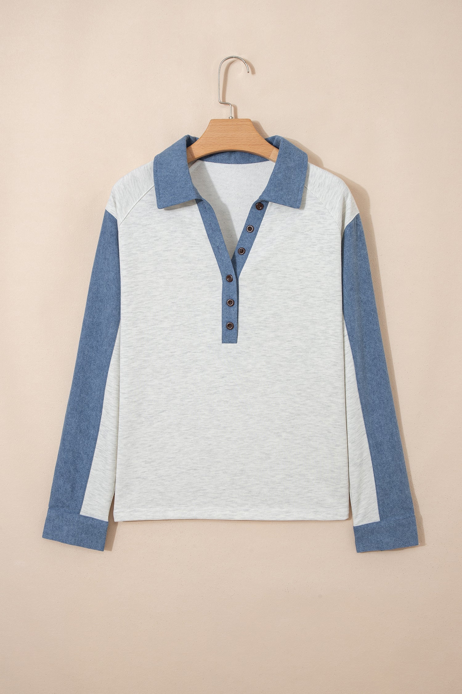 Denim Patchwork Button Polo Collar Long Sleeve