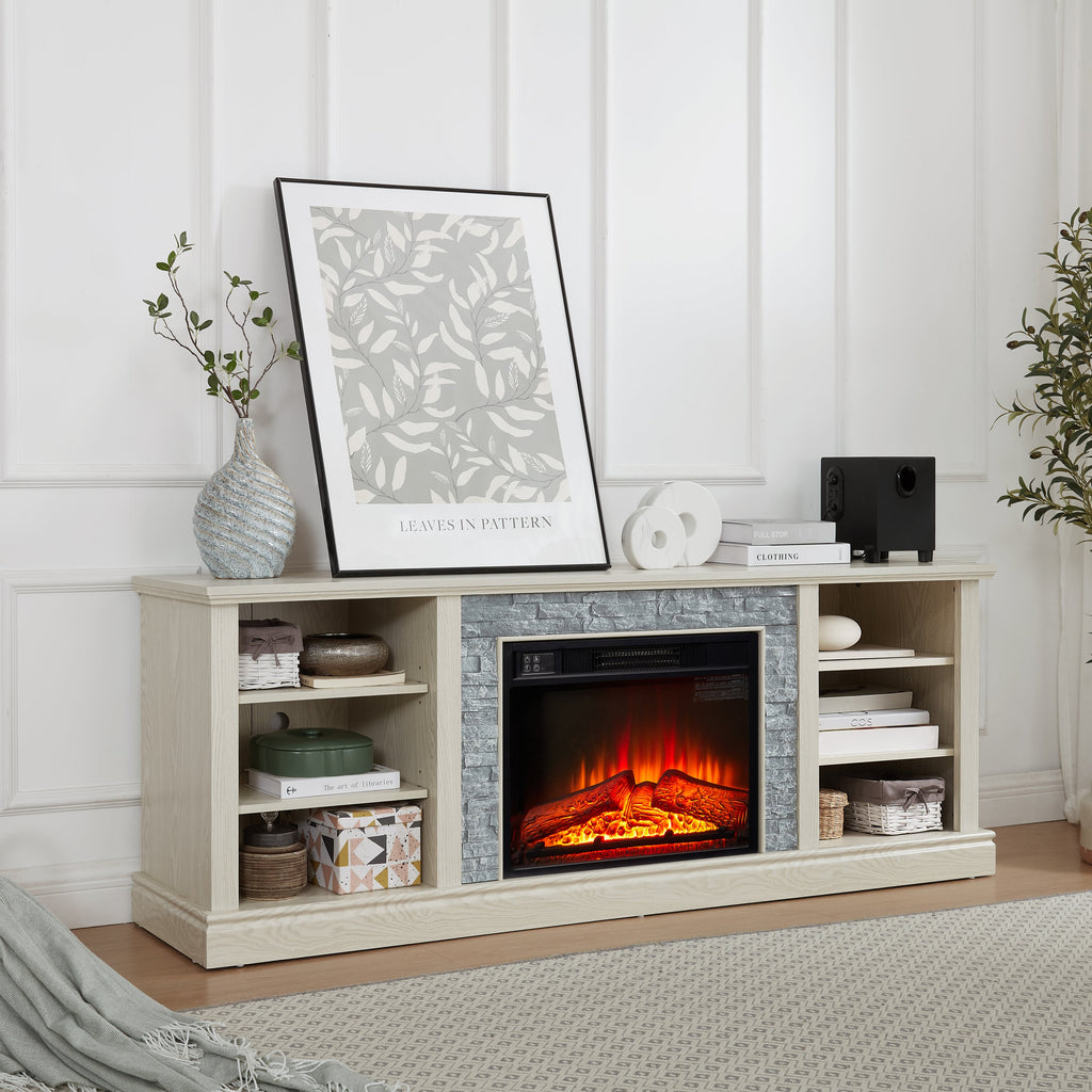 Large Faux Stacked Stone TV Desk Storage Rack, Media Console Table with Large Storage Cabinet,Modern  TV Media Stand with 23' Fireplace Insert,White, 70.12'W*15.35'D*25.83'H