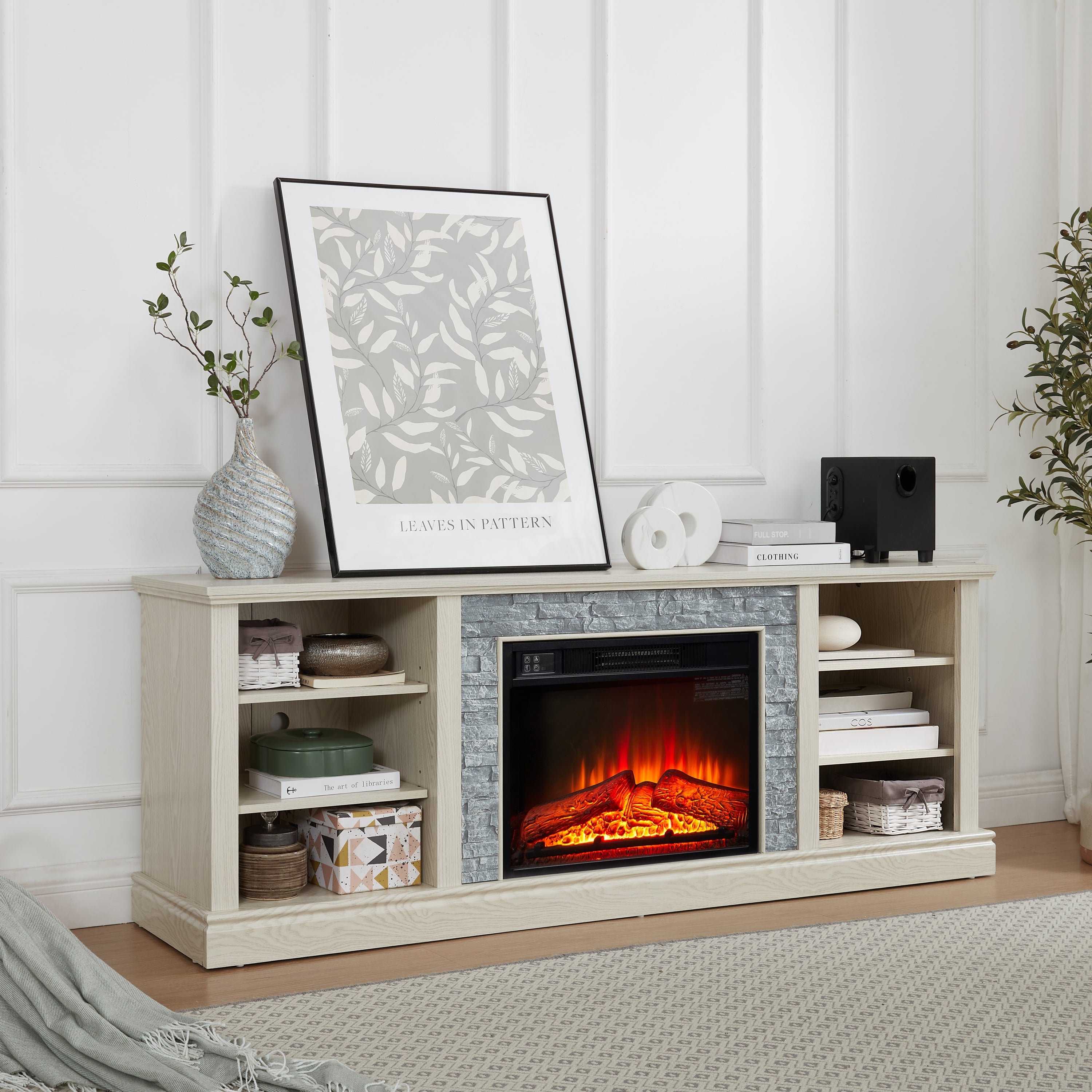 Large Faux Stacked Stone TV Desk Storage Rack, Media Console Table with Large Storage Cabinet,Modern  TV Media Stand with 23' Fireplace Insert,White, 70.12'W*15.35'D*25.83'H